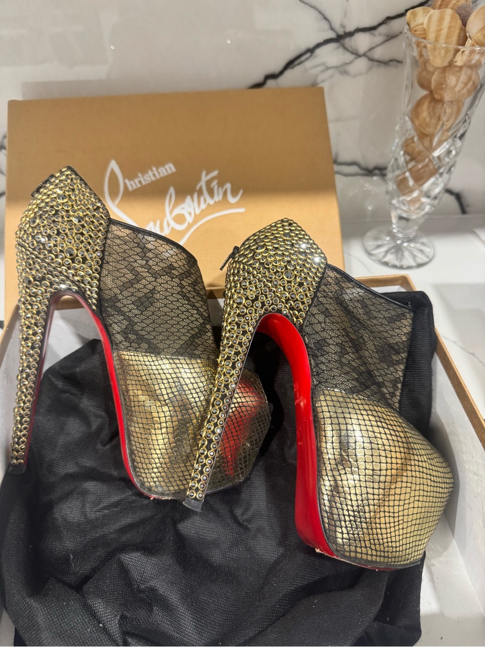 Christian Louboutin Gold Mesh Crystal Platform Booties with Red Soles